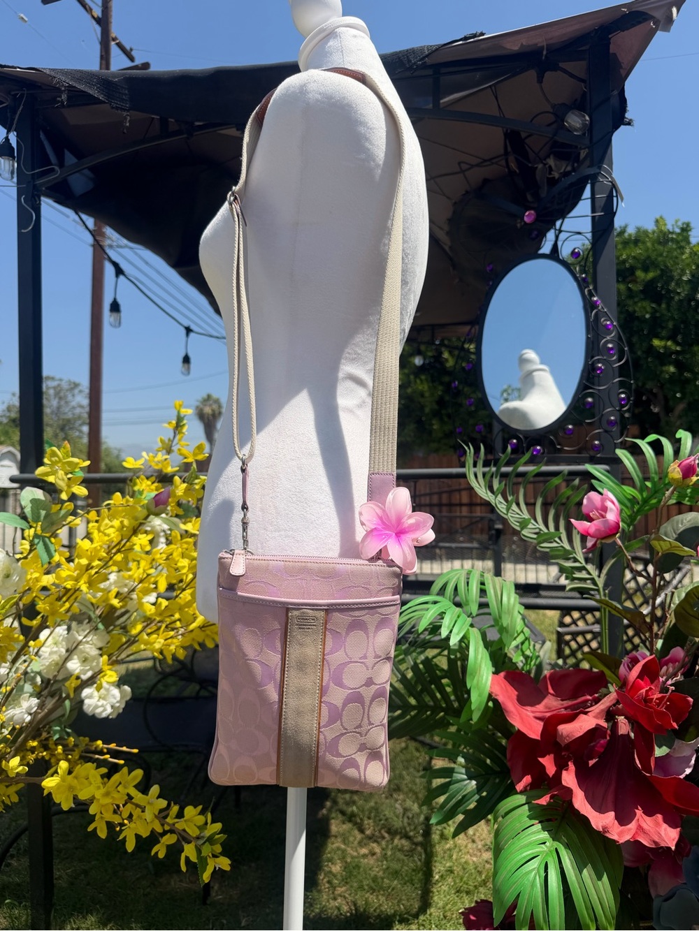 Coach Pink Signature Crossbody Bag with Cream Strap